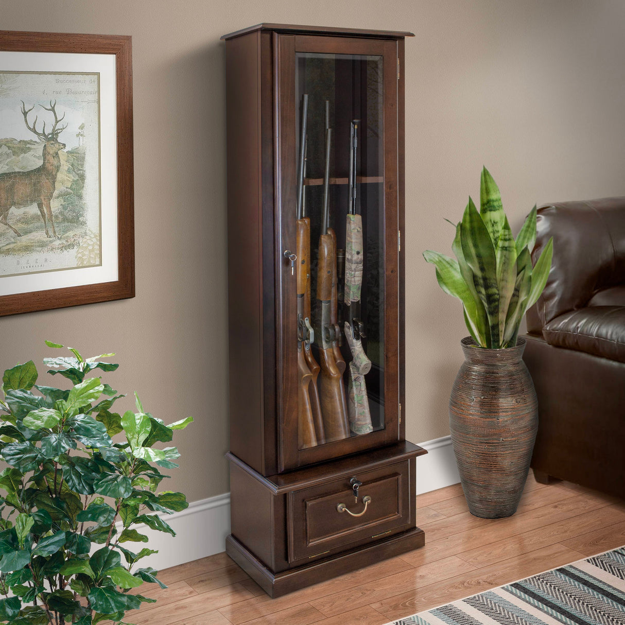 American Furniture Classics Model 650, 8 Gun Cabinet with locking tempered glass door and locking drop down door.