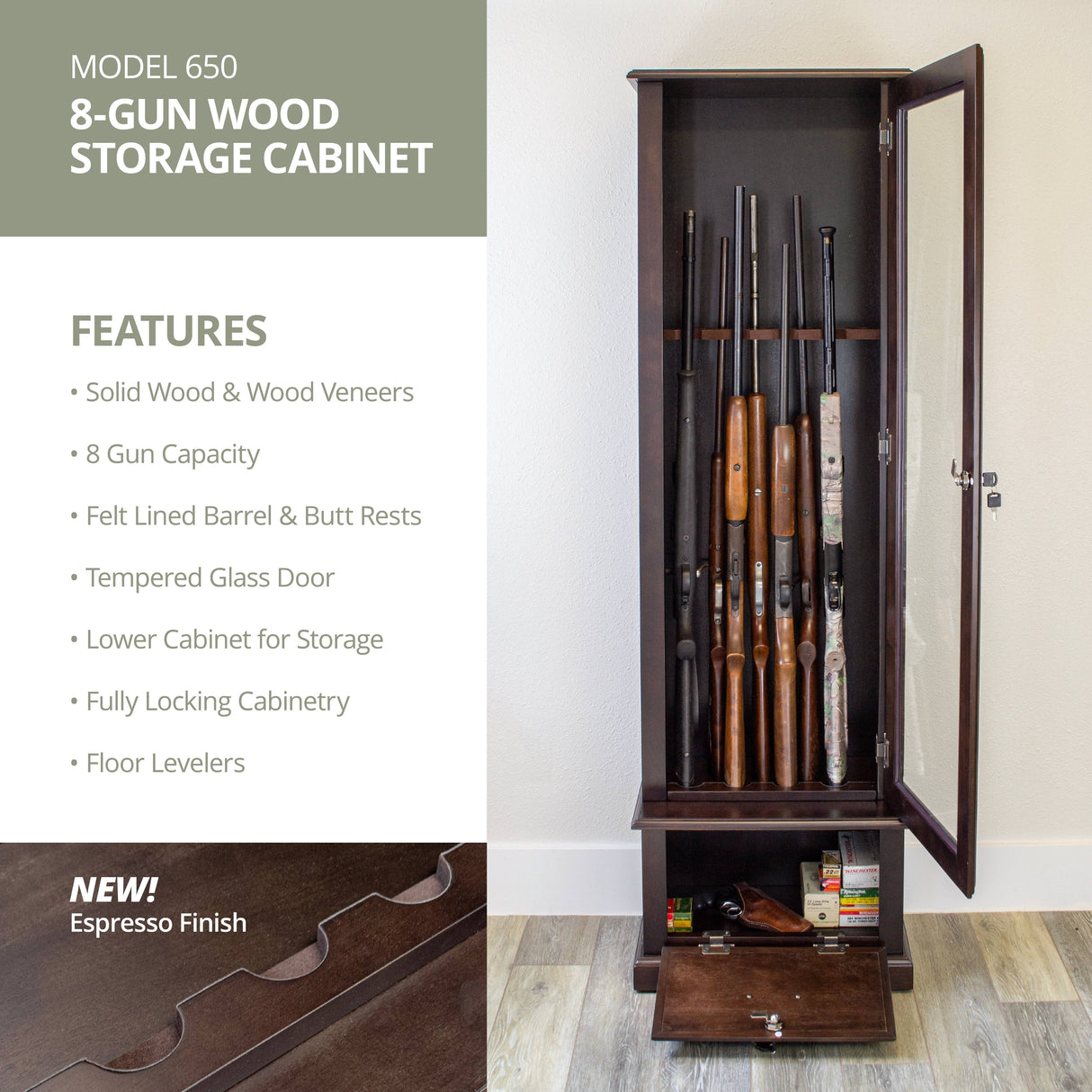 American Furniture Classics Model 650, 8 Gun Cabinet with locking tempered glass door and locking drop down door.