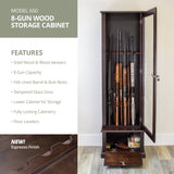 American Furniture Classics Model 650, 8 Gun Cabinet with locking tempered glass door and locking drop down door.