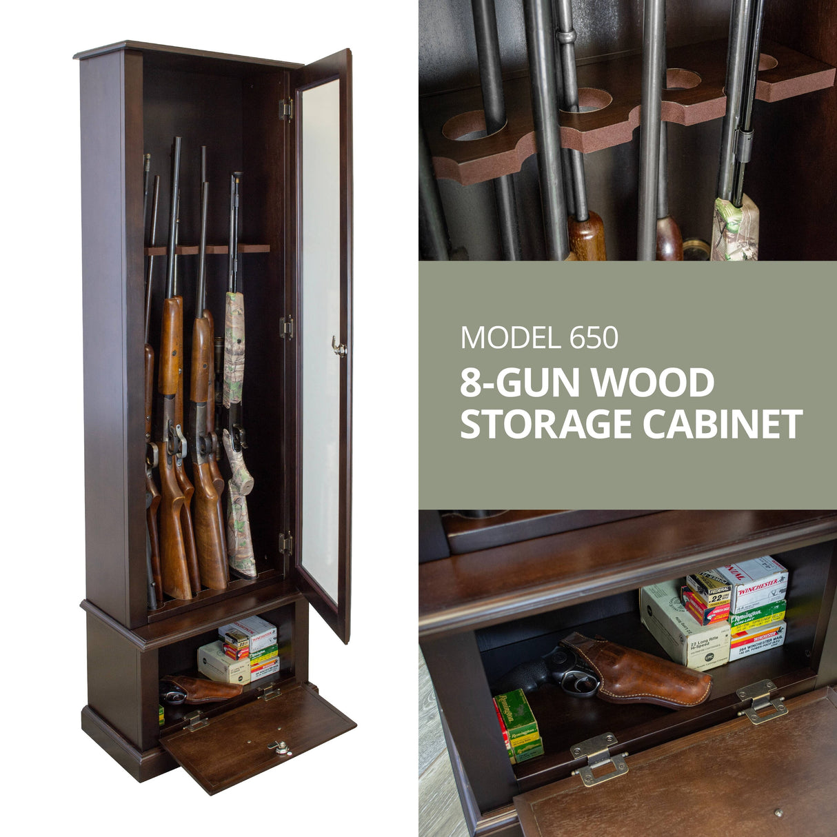 American Furniture Classics Model 650, 8 Gun Cabinet with locking tempered glass door and locking drop down door.