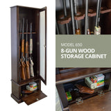 American Furniture Classics Model 650, 8 Gun Cabinet with locking tempered glass door and locking drop down door.