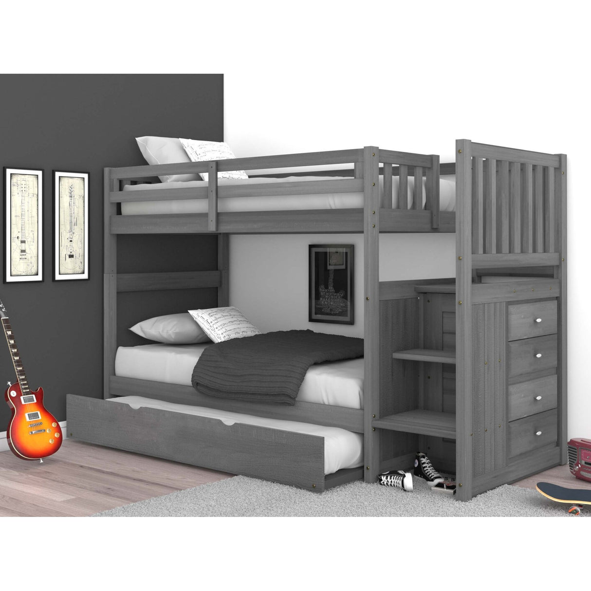 American Furniture Classics, Solid Pine Mission Staircase Twin/Twin Bed w/4 Drw Chest,Twn Trundle Bed Charcoal Gray