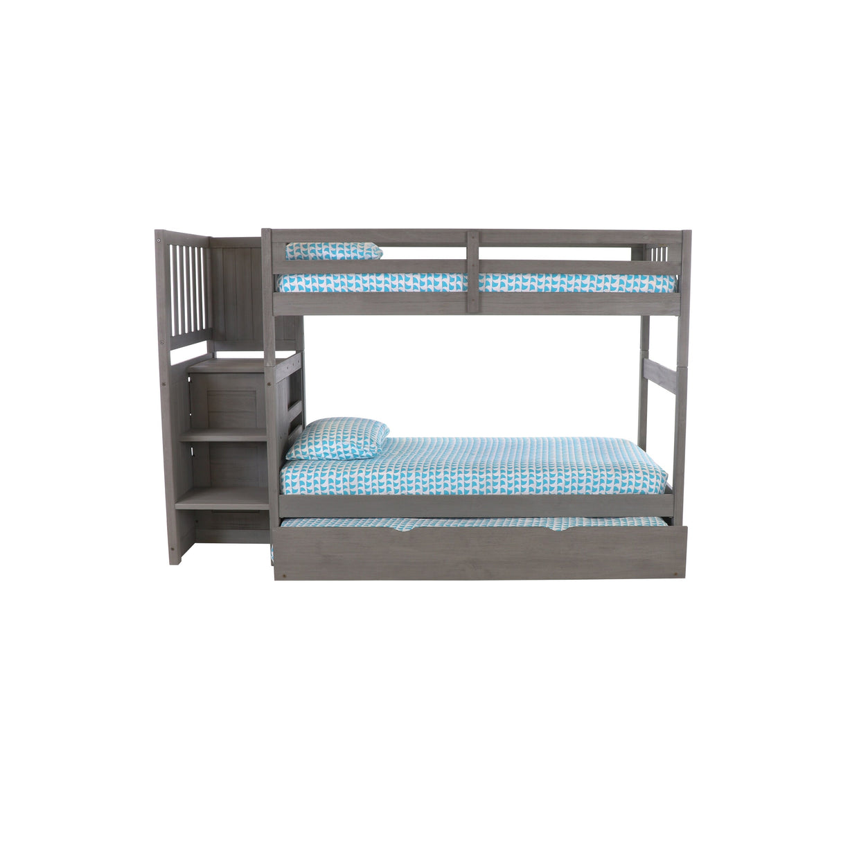 American Furniture Classics, Solid Pine Mission Staircase Twin/Twin Bed w/4 Drw Chest,Twn Trundle Bed Charcoal Gray