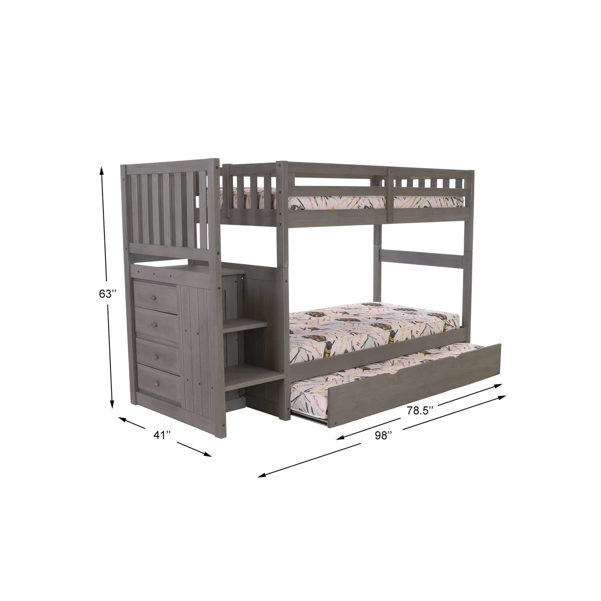 American Furniture Classics, Solid Pine Mission Staircase Twin/Twin Bed w/4 Drw Chest,Twn Trundle Bed Charcoal Gray