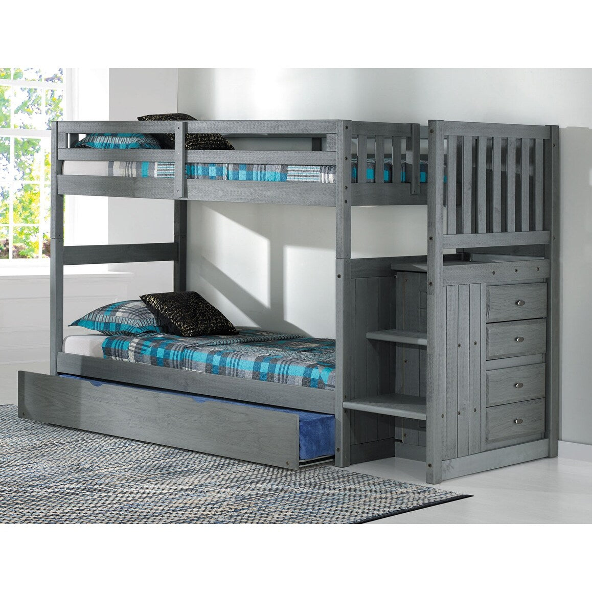 American Furniture Classics, Solid Pine Mission Staircase Twin/Twin Bed w/4 Drw Chest,Twn Trundle Bed Charcoal Gray
