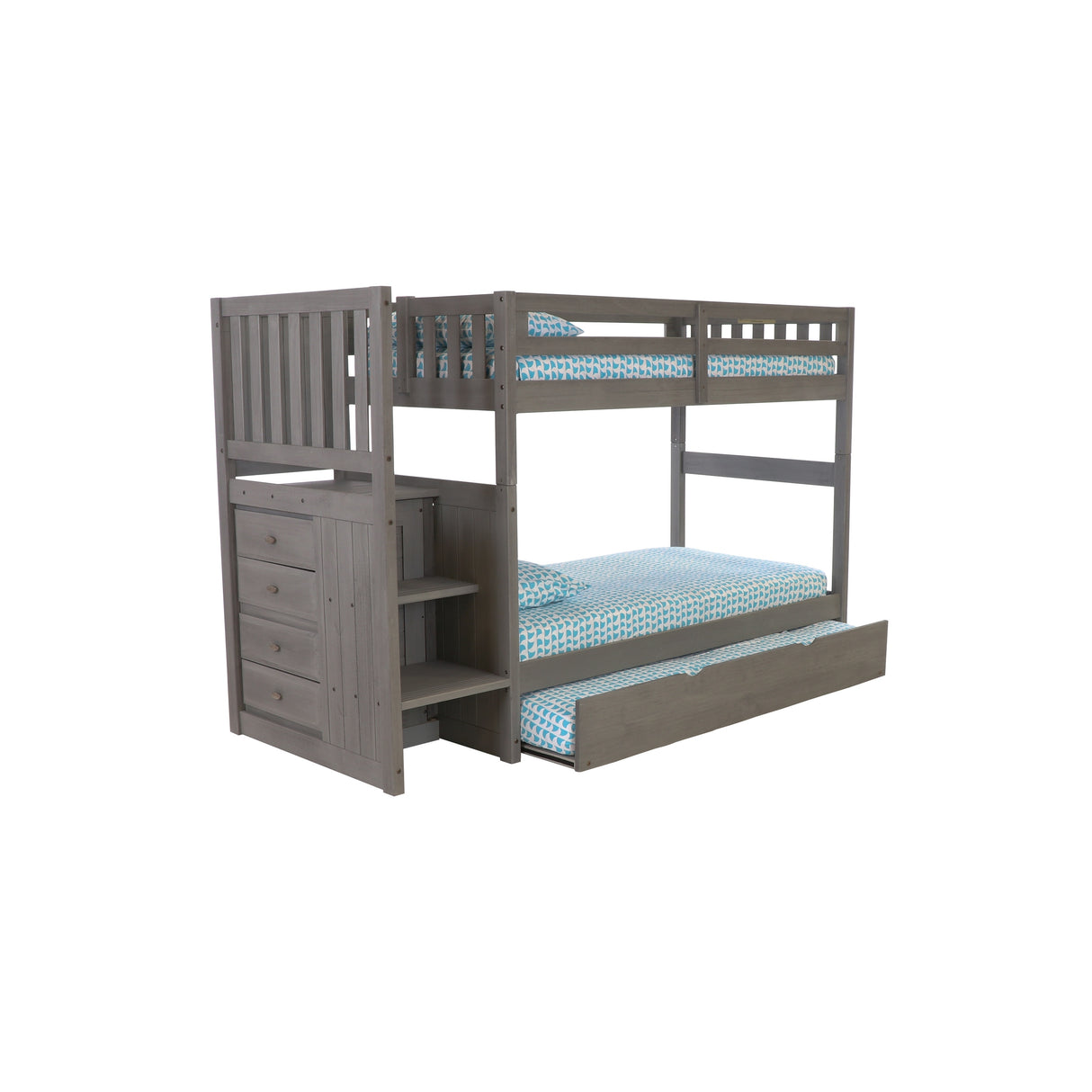 American Furniture Classics, Solid Pine Mission Staircase Twin/Twin Bed w/4 Drw Chest,Twn Trundle Bed Charcoal Gray