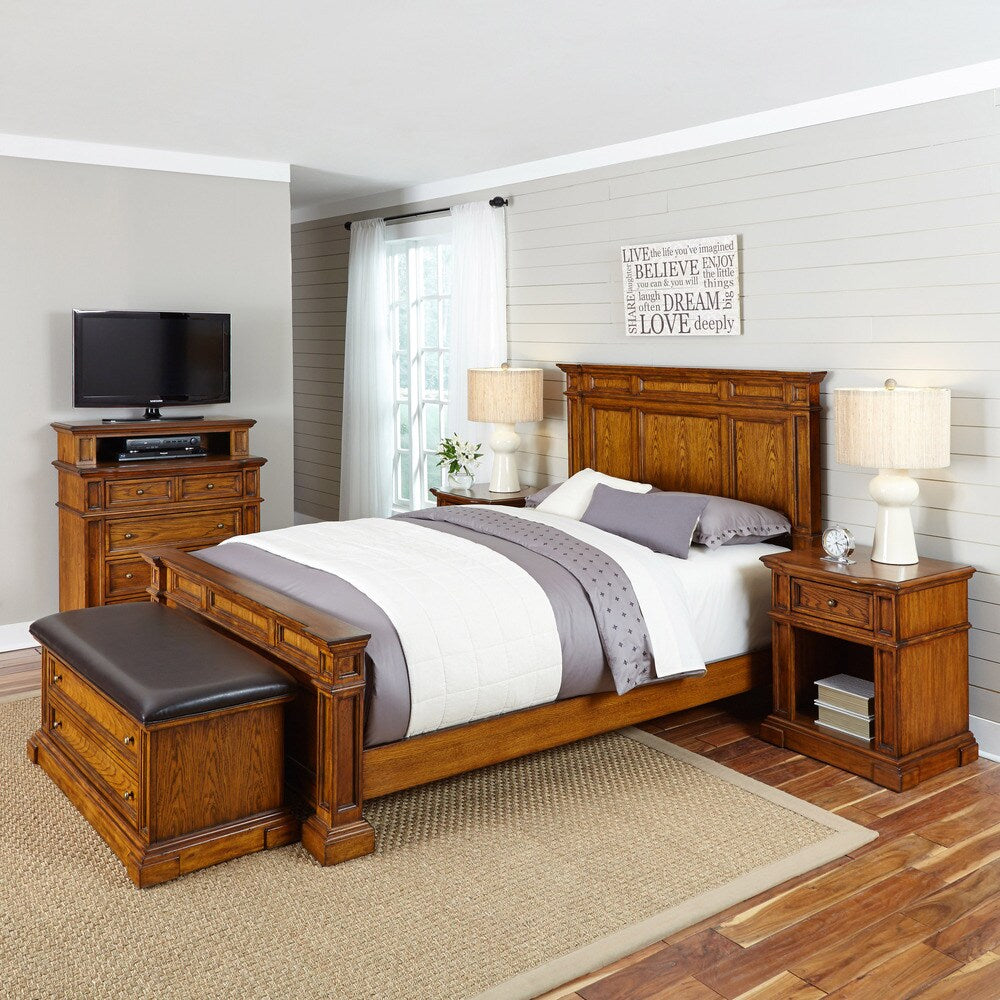 Americana Distressed Oak Bed, Two Night Stands, Media Chest, and Upholstered Bench by Home Styles
