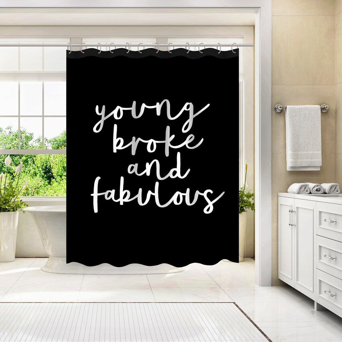 Americanflat 71" x 74" Shower Curtain, Young Broke And Fabulous Black by Motivated Type