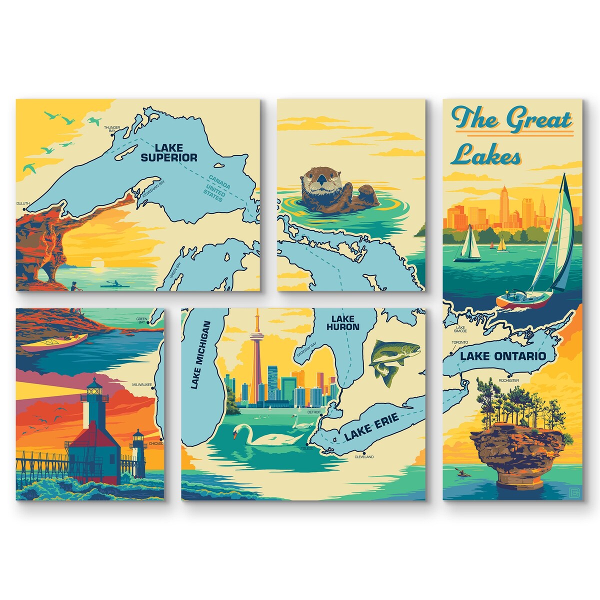 Americanflat The Great Lakes Map 5 Piece Grid Wall Art Room Decor Set