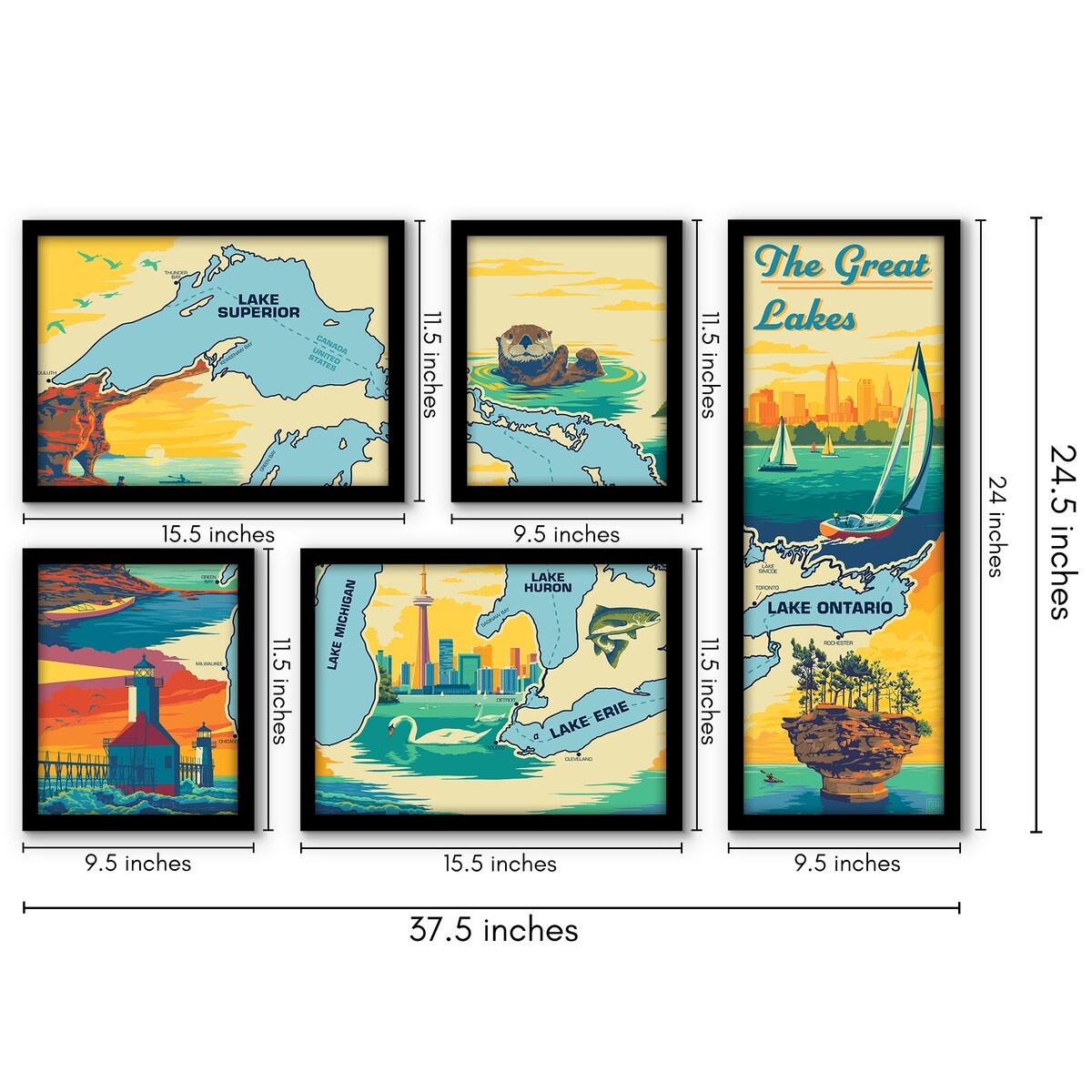 Americanflat The Great Lakes Map 5 Piece Grid Wall Art Room Decor Set