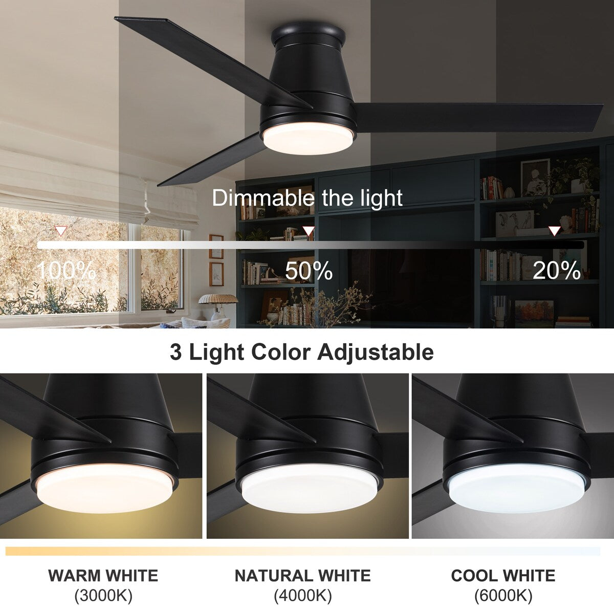 Amici 48 in. Indoor Black Low Profile Standard Ceiling Fan with Bright White Integrated LED Light Kit, Remote Included
