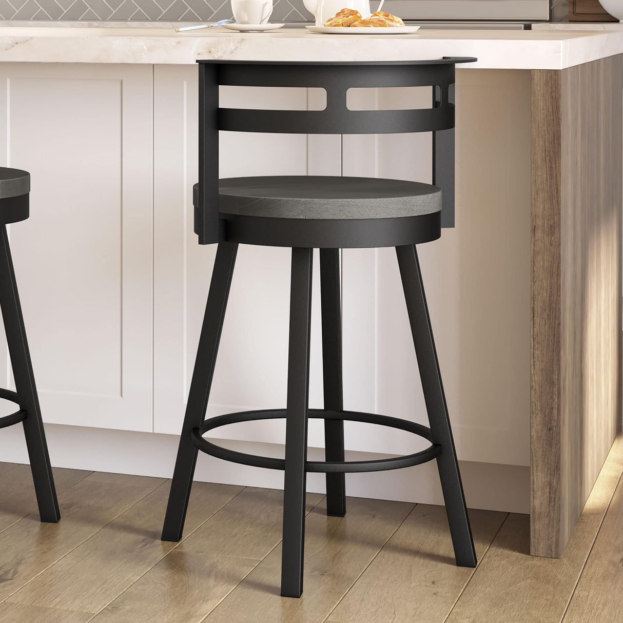Amisco Vector Swivel Counter Stool with Distressed Wood Seat
