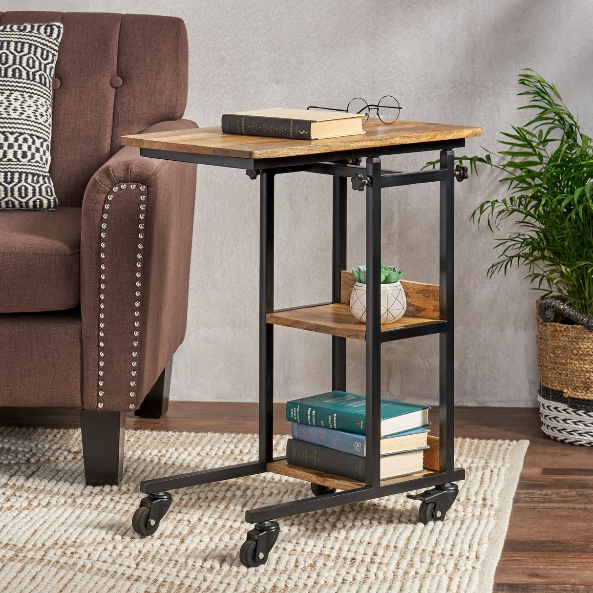 Amlin Modern Industrial Handcrafted Wooden Multi-Purpose Adjustable Height C-Shaped Side Table by Christopher Knight Home