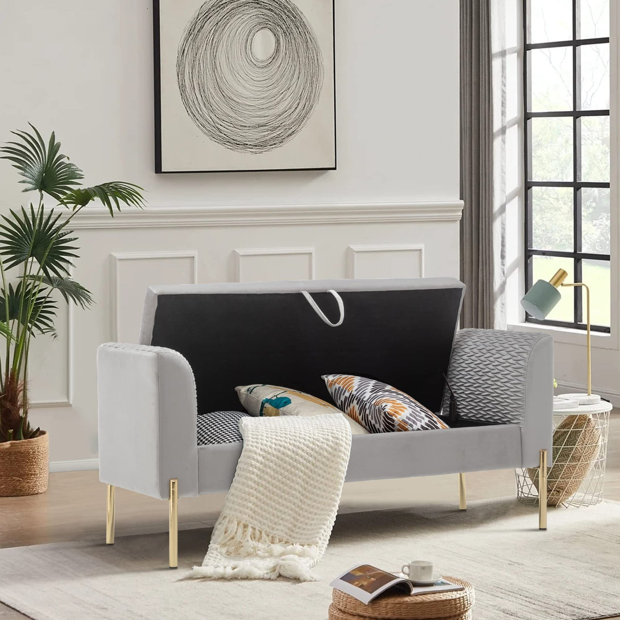 Storage Ottoman Bench, Upholstered Velvet Entryway Bench with Armrest & Large Storage Space for Living Room - 52inch