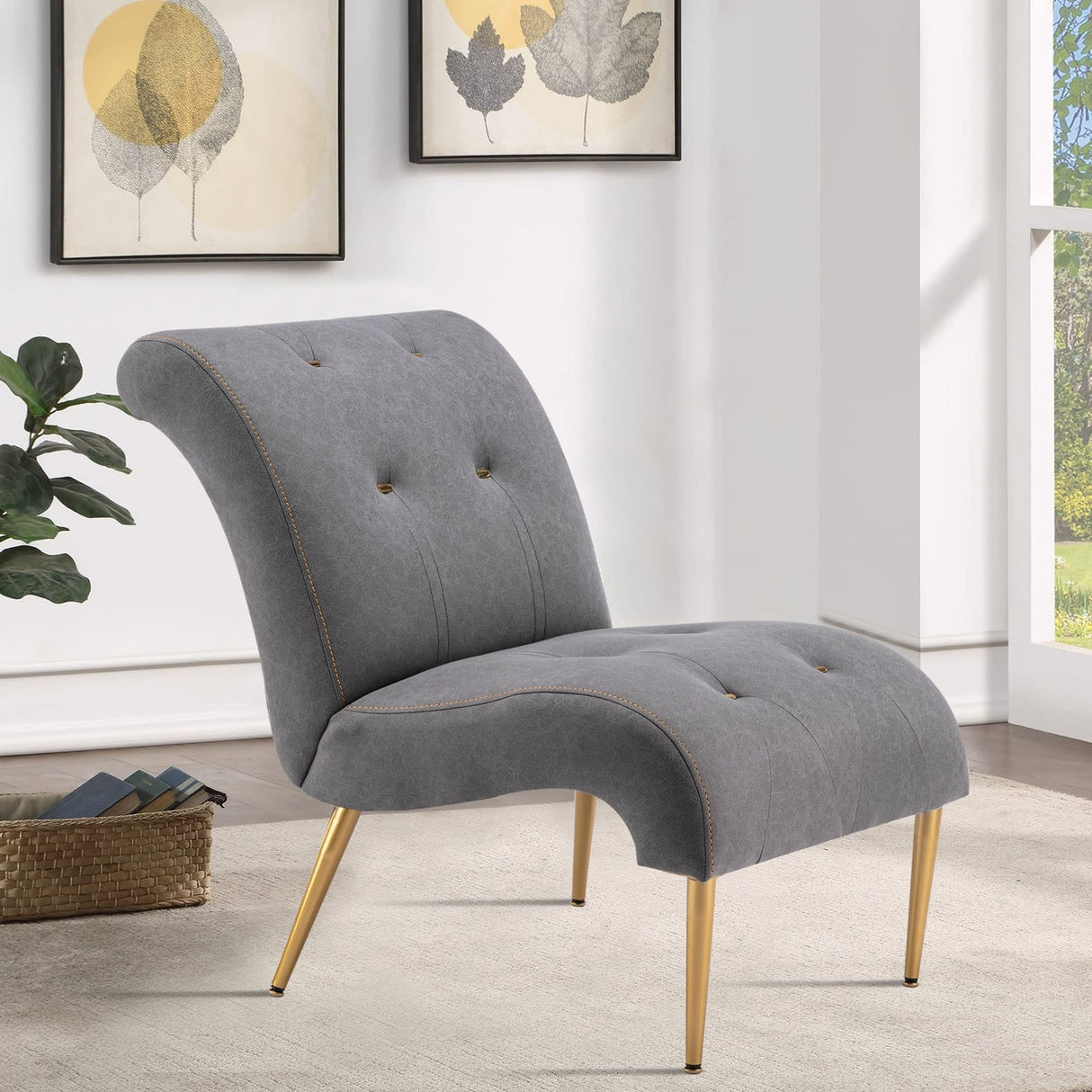 Andeworld Accent Chair for Bedroom Living Room Chairs Tufted Upholstered Lounge Chair with Wood Legs Linen Fabric