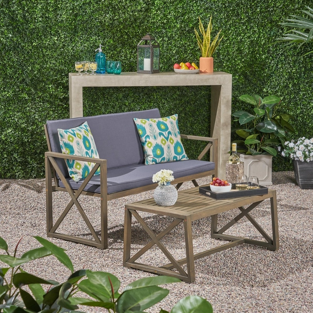 Andora Outdoor Cushioned Acacia Loveseat w/ Coffee Table by Christopher Knight Home