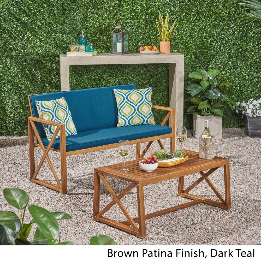 Andora Outdoor Cushioned Acacia Loveseat w/ Coffee Table by Christopher Knight Home