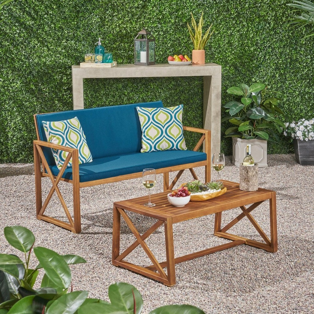 Andora Outdoor Cushioned Acacia Loveseat w/ Coffee Table by Christopher Knight Home