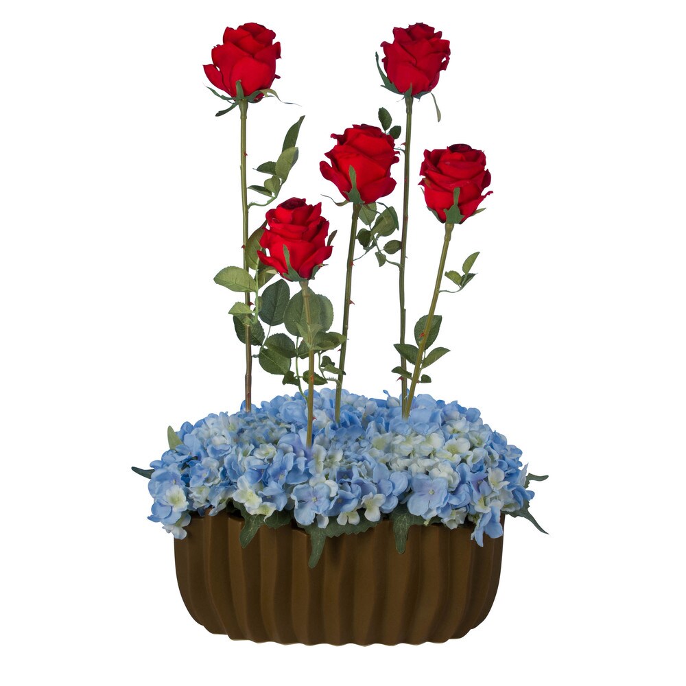 Andrianna Faux Floral Arrangement with Red Roses with Blue Hydrangeas in Brown Vase
