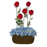 Andrianna Faux Floral Arrangement with Red Roses with Blue Hydrangeas in Brown Vase