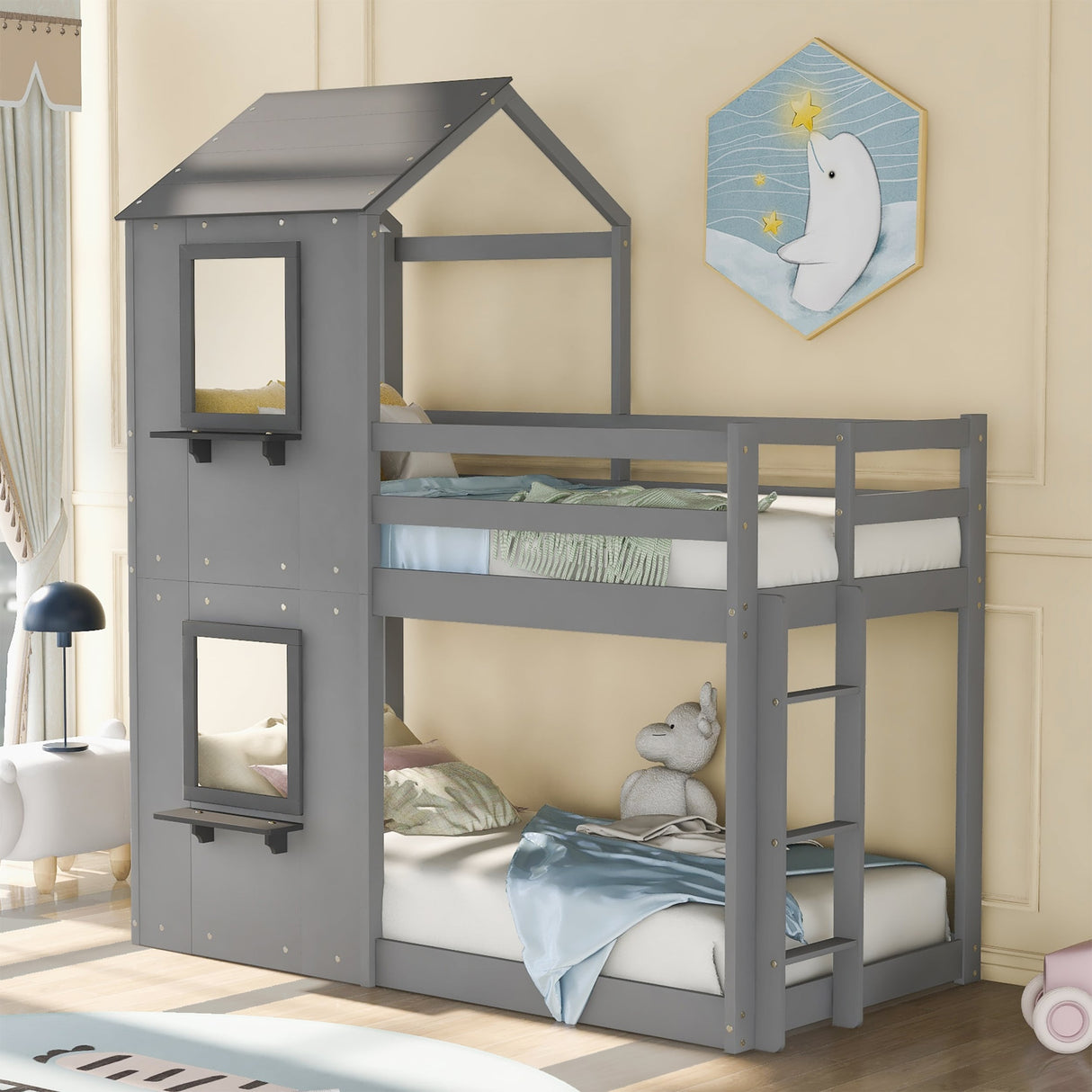 Angel Twin Over Twin Bunk Bed Wood Bed with Roof