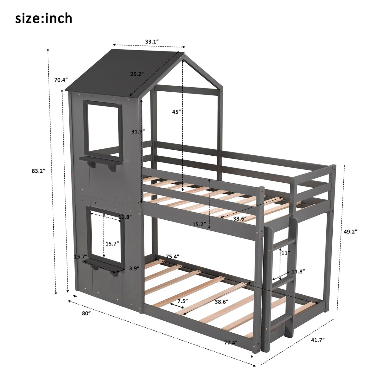 Angel Twin Over Twin Bunk Bed Wood Bed with Roof