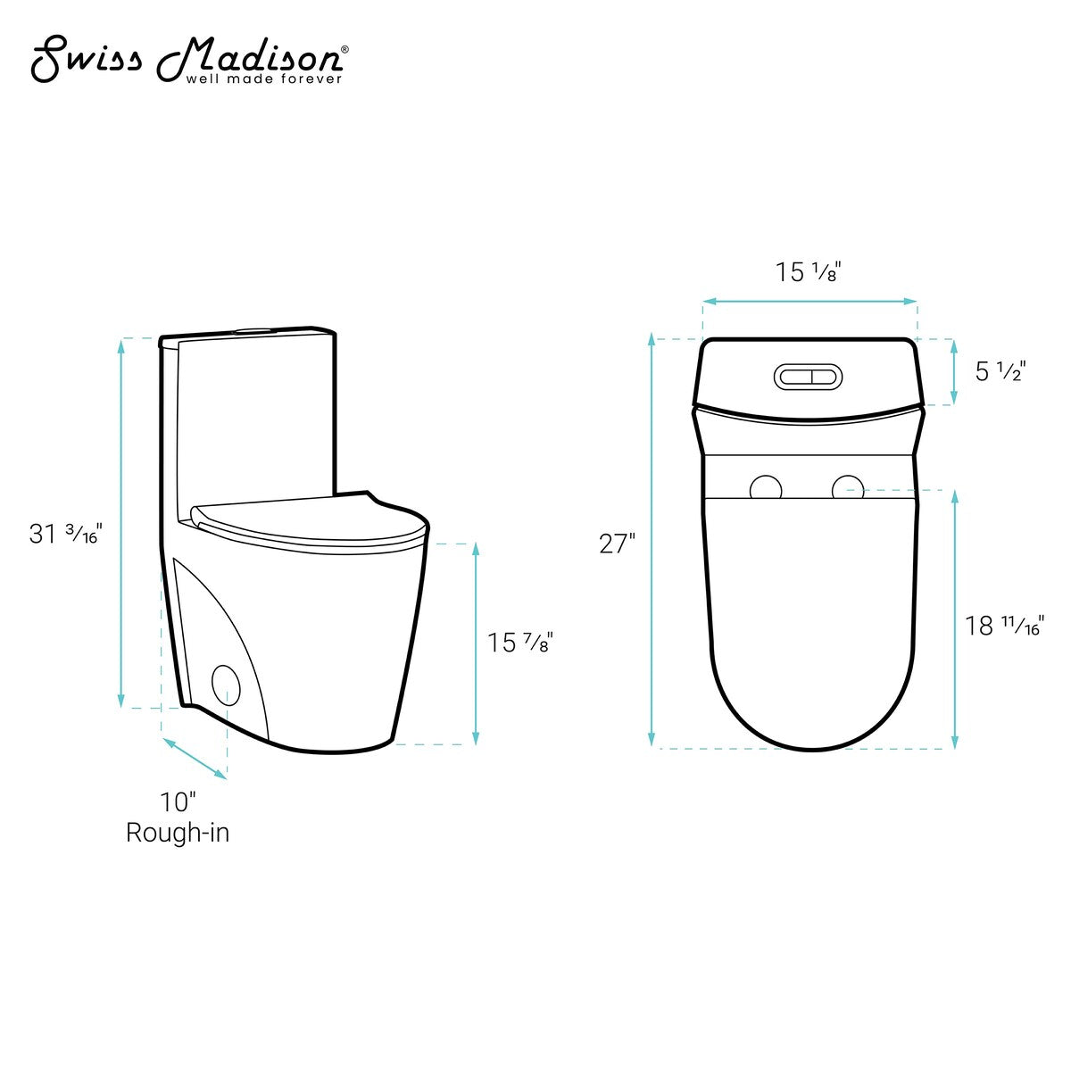 Angers One Piece Elongated Toilet Dual Vortex Flush 1.1/1.6 Gpf With 10" Rough In - 27" x 15.15" 31.2"