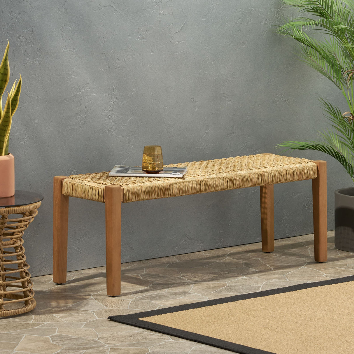 Angie Outdoor Modern Industrial Acacia Wood Bench by Christopher Knight Home - 43.25" W x 15.75" D x 16.25" H