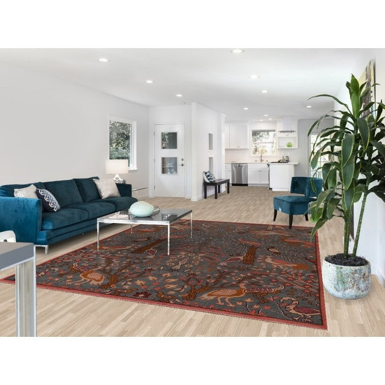 Animals Design Gray Ziegler Indian Area Rug Handmade Wool Carpet - 7'9"x 9'9"