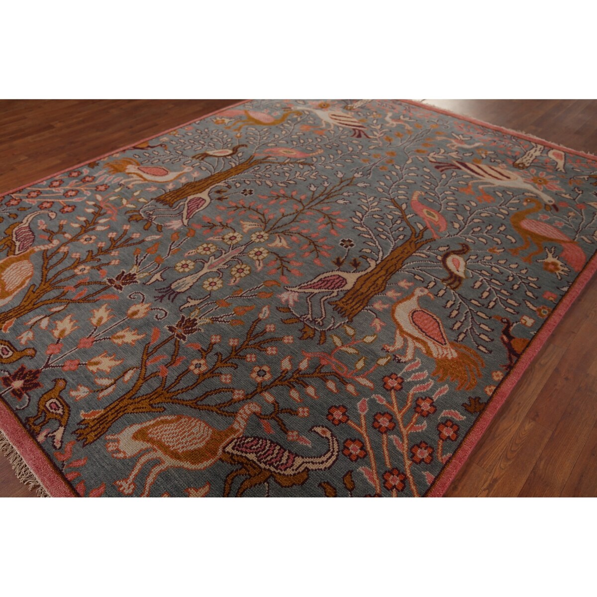 Animals Design Gray Ziegler Indian Area Rug Handmade Wool Carpet - 7'9"x 9'9"