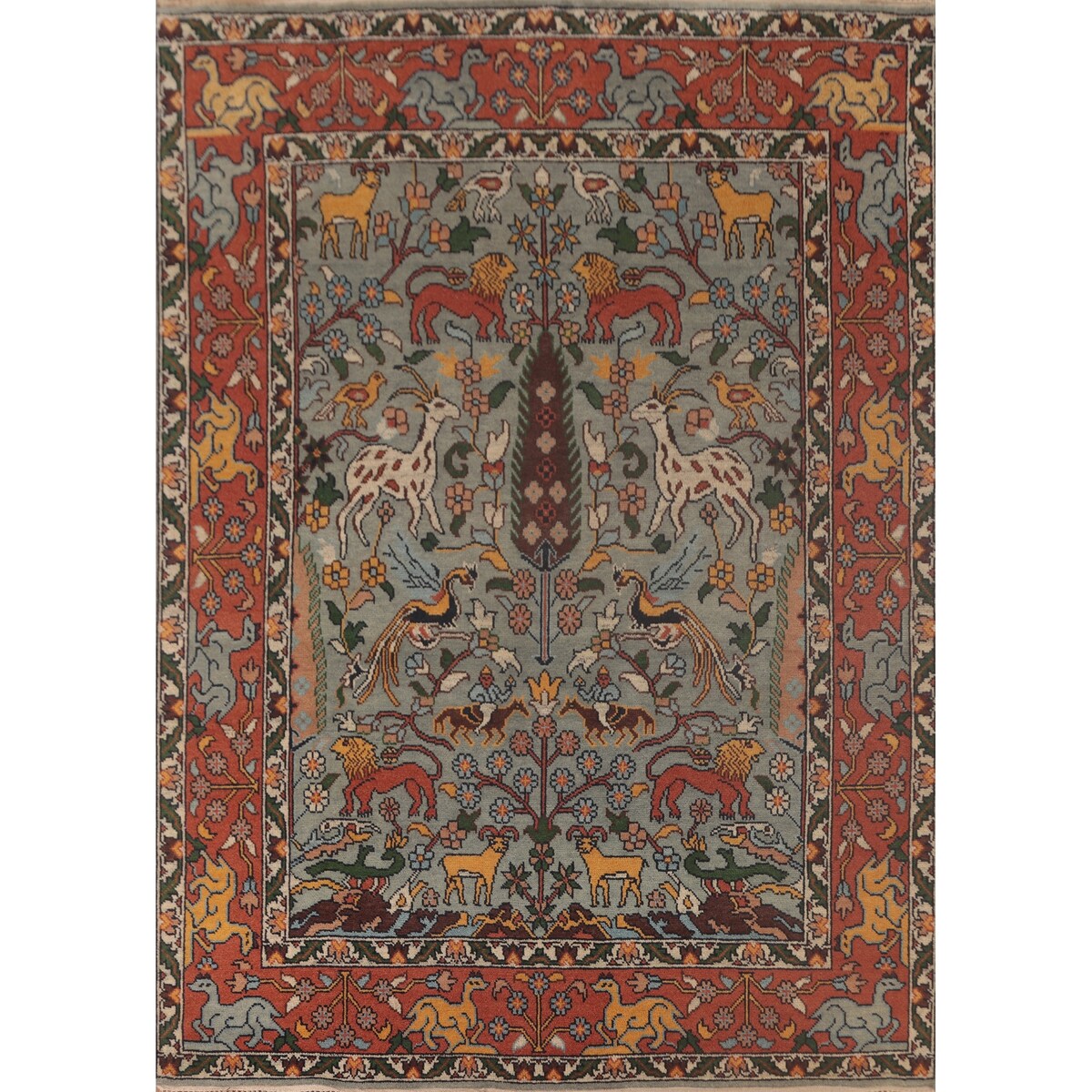 Animals Hunting Design Ziegler Area Rug Handmade Wool Carpet - 7'11" x 9'11"