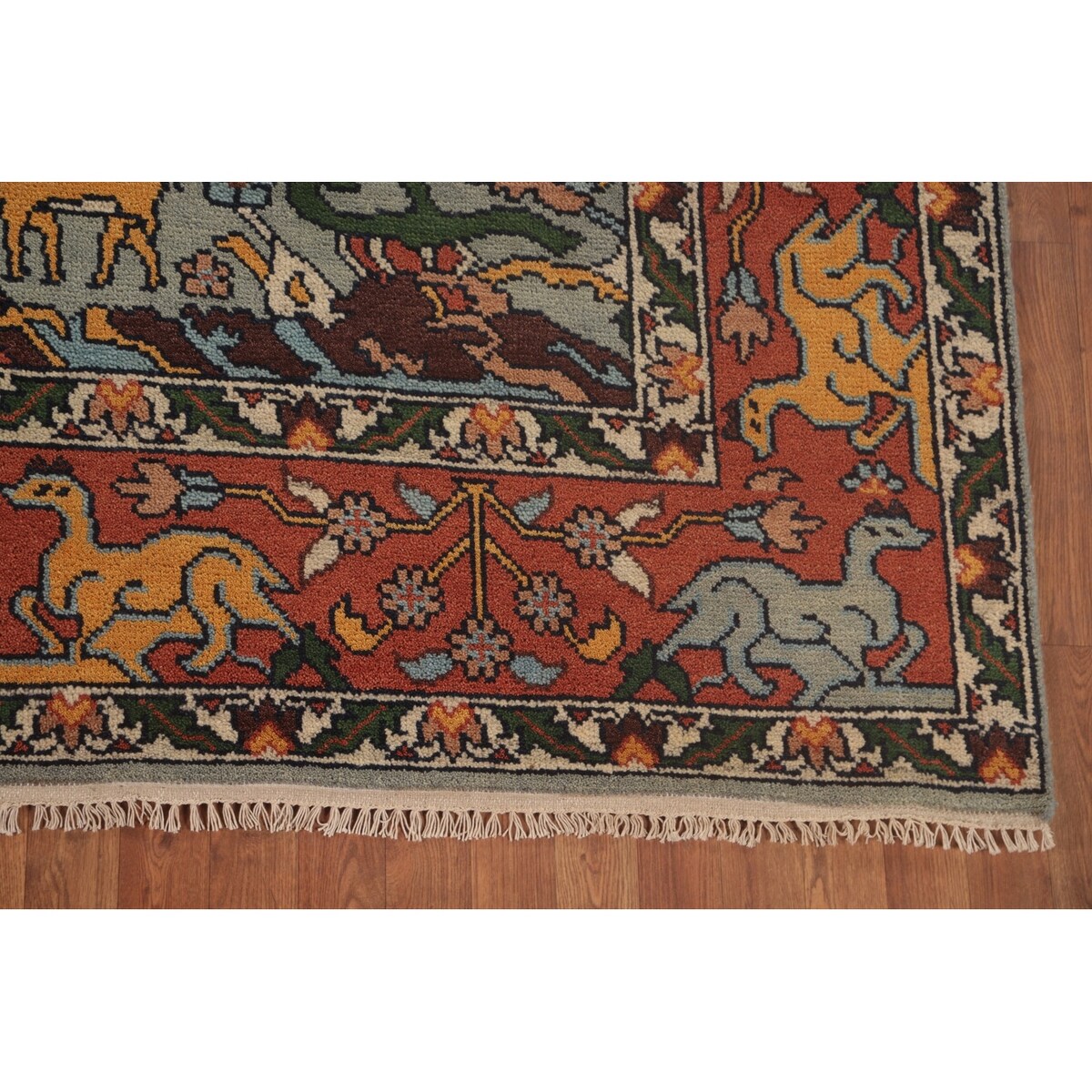 Animals Hunting Design Ziegler Area Rug Handmade Wool Carpet - 7'11" x 9'11"