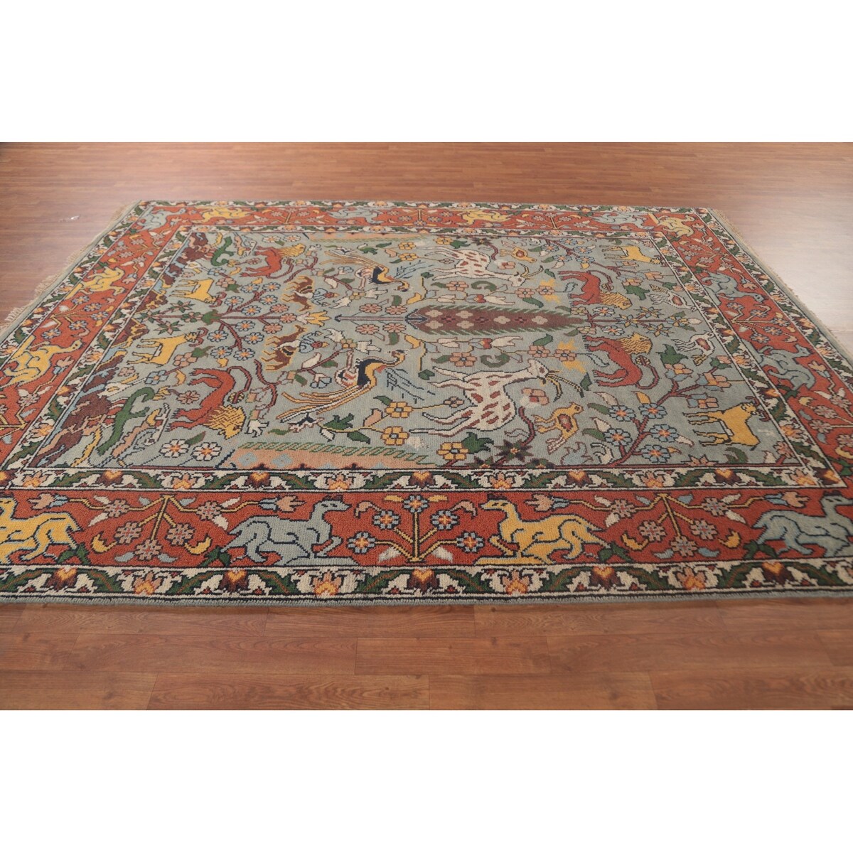 Animals Hunting Design Ziegler Area Rug Handmade Wool Carpet - 7'11" x 9'11"