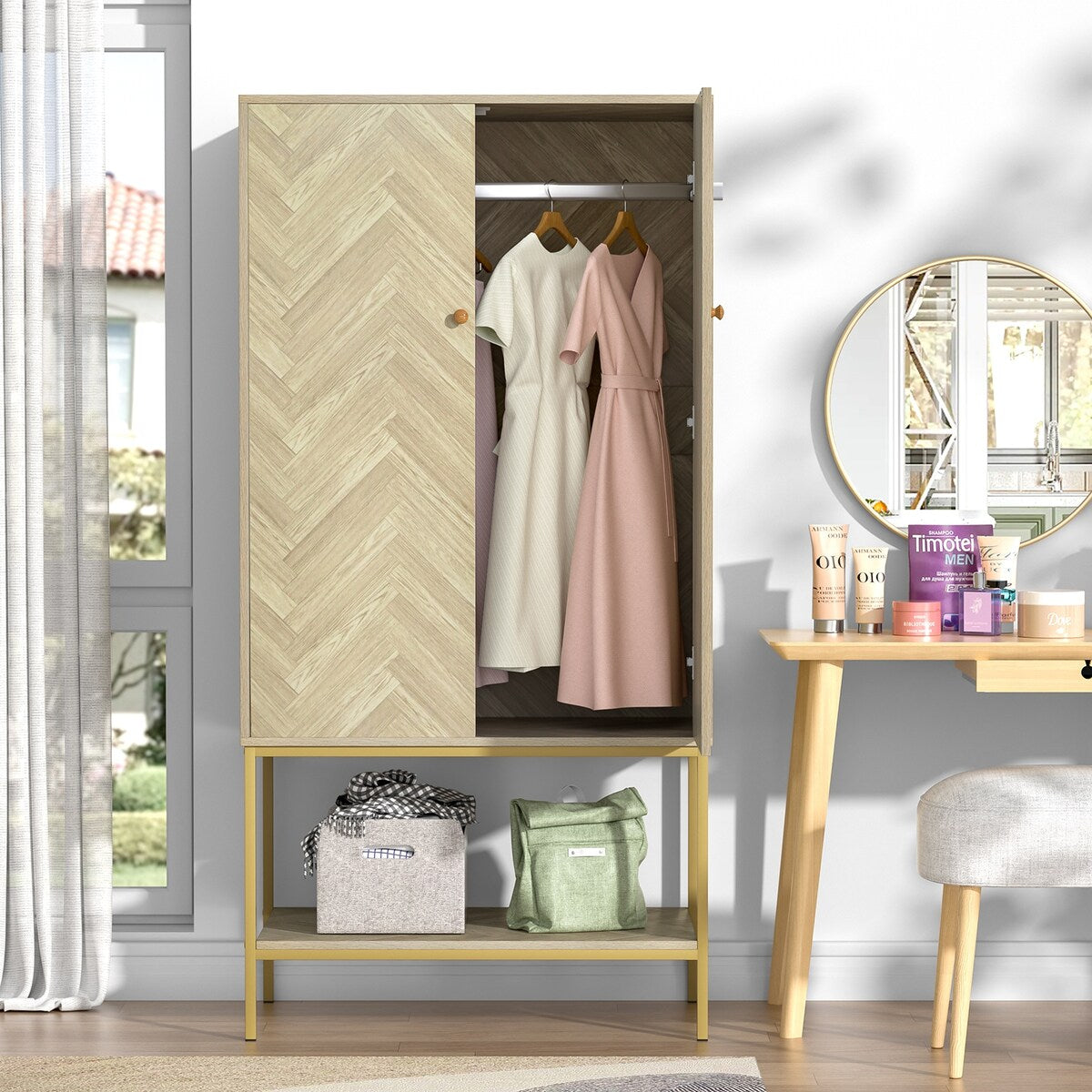Anmytek 2 Door Wood Wardrobe Closet Bedroom Storage Armoires with Hanging Rod and Shelf