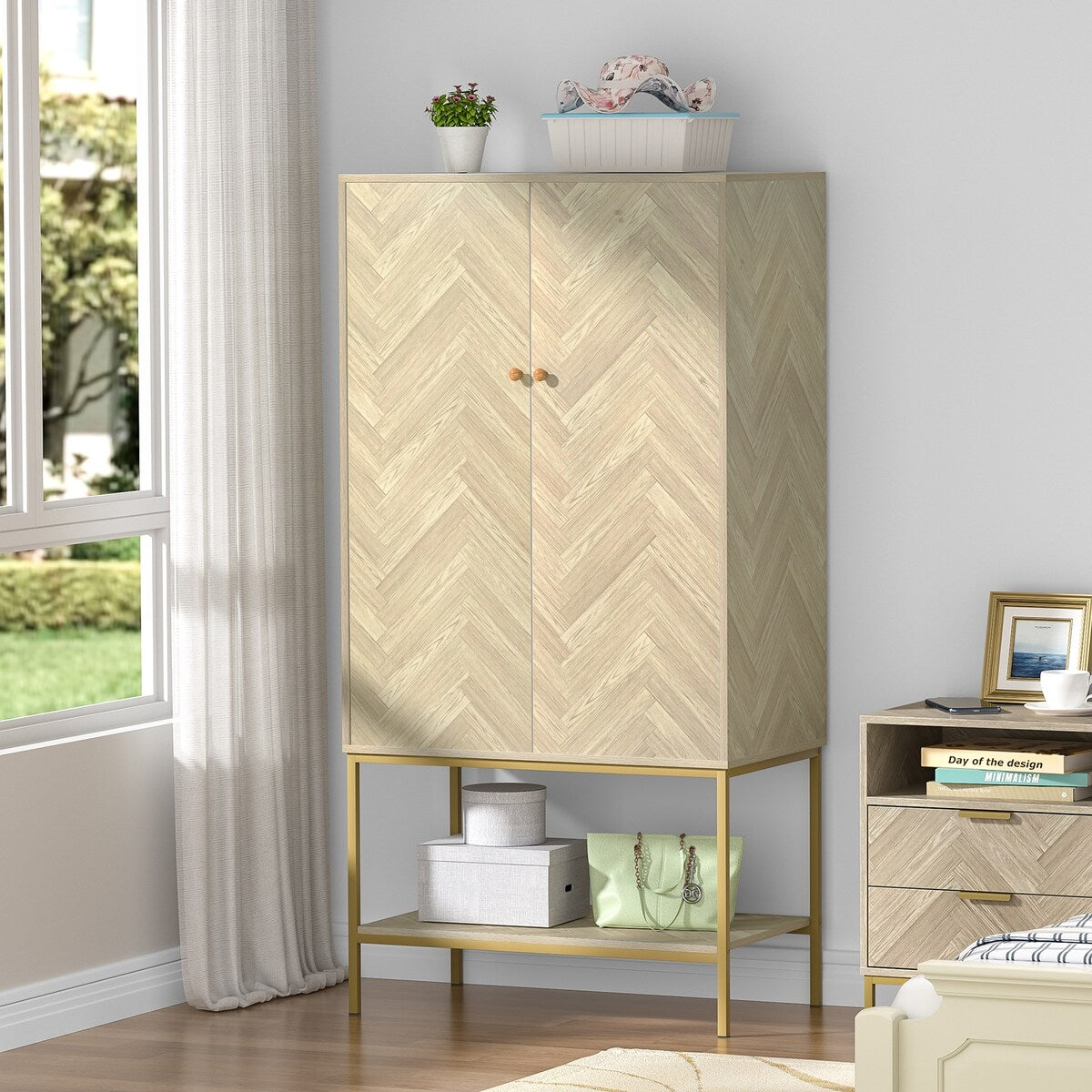 Anmytek 2 Door Wood Wardrobe Closet Bedroom Storage Armoires with Hanging Rod and Shelf