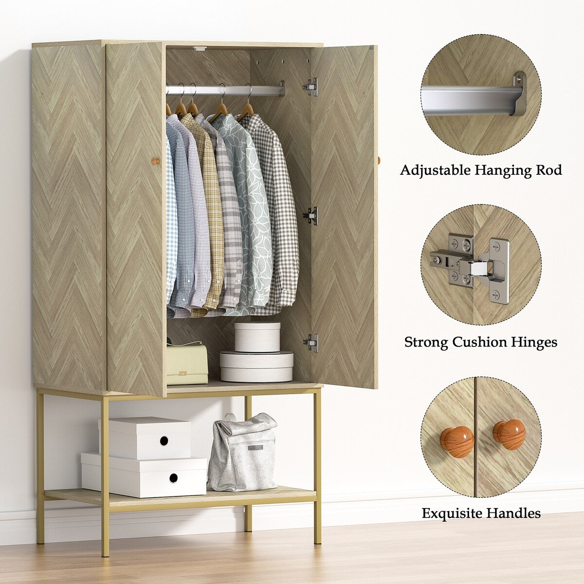 Anmytek 2 Door Wood Wardrobe Closet Bedroom Storage Armoires with Hanging Rod and Shelf