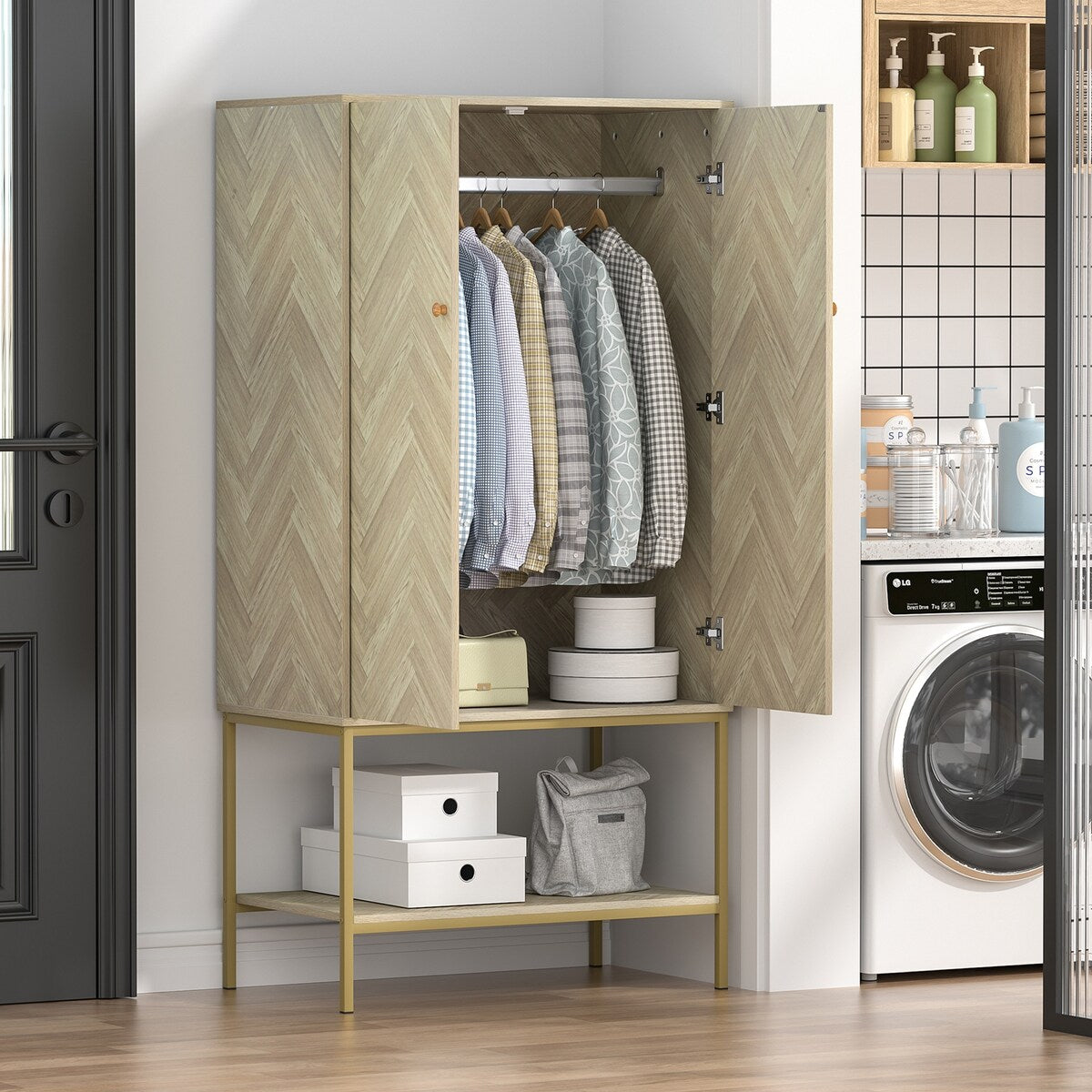 Anmytek 2 Door Wood Wardrobe Closet Bedroom Storage Armoires with Hanging Rod and Shelf