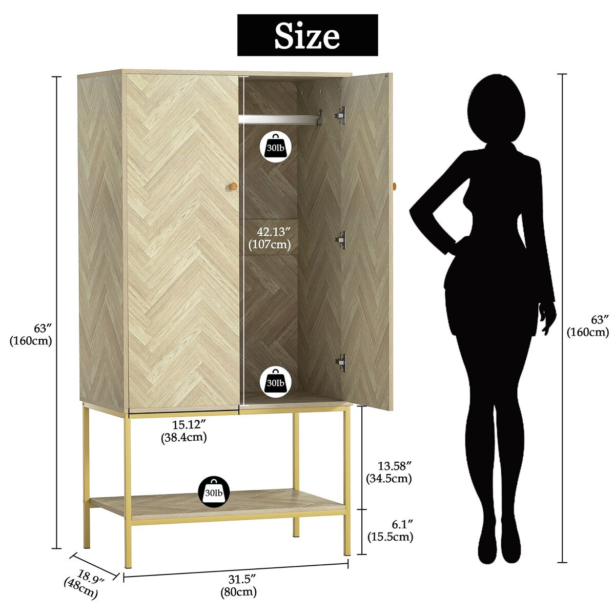 Anmytek 2 Door Wood Wardrobe Closet Bedroom Storage Armoires with Hanging Rod and Shelf