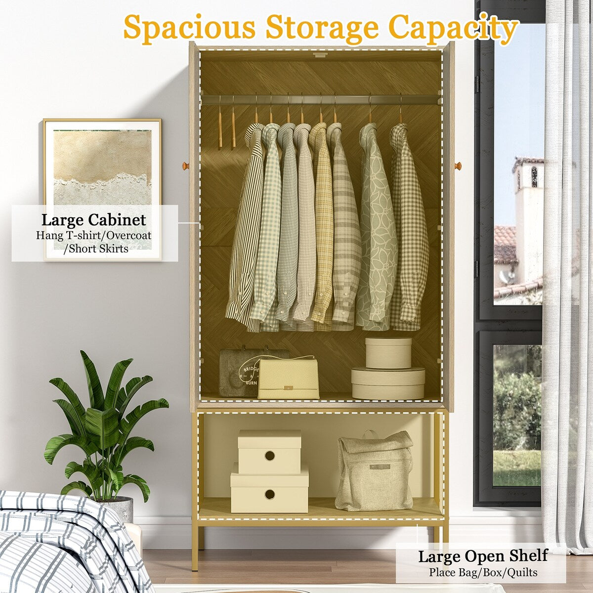 Anmytek 2 Door Wood Wardrobe Closet Bedroom Storage Armoires with Hanging Rod and Shelf