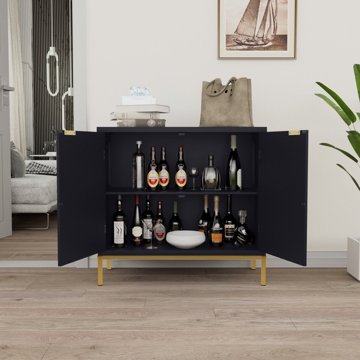 Anmytek Mid-Century Modern Black Wood Rattan Buffet Sideboard Accent Cabinet with 2 Doors