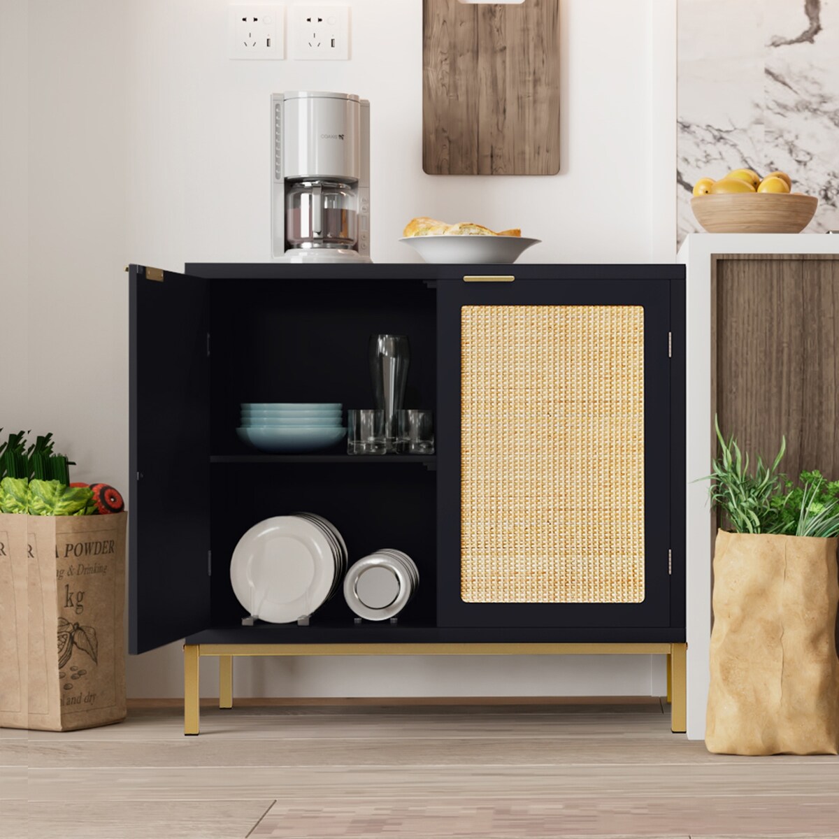 Anmytek Mid-Century Modern Black Wood Rattan Buffet Sideboard Accent Cabinet with 2 Doors