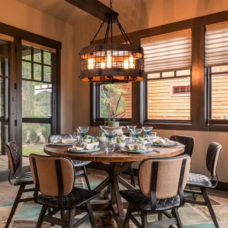 Anmytek Modern Farmhouse 5-Light Wooden Drum Chandeliers Round Metal Pendant Lights for Dining Room