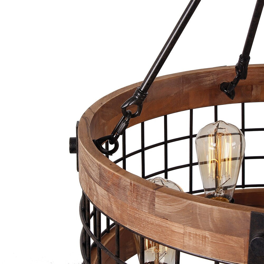 Anmytek Modern Farmhouse 5-Light Wooden Drum Chandeliers Round Metal Pendant Lights for Dining Room