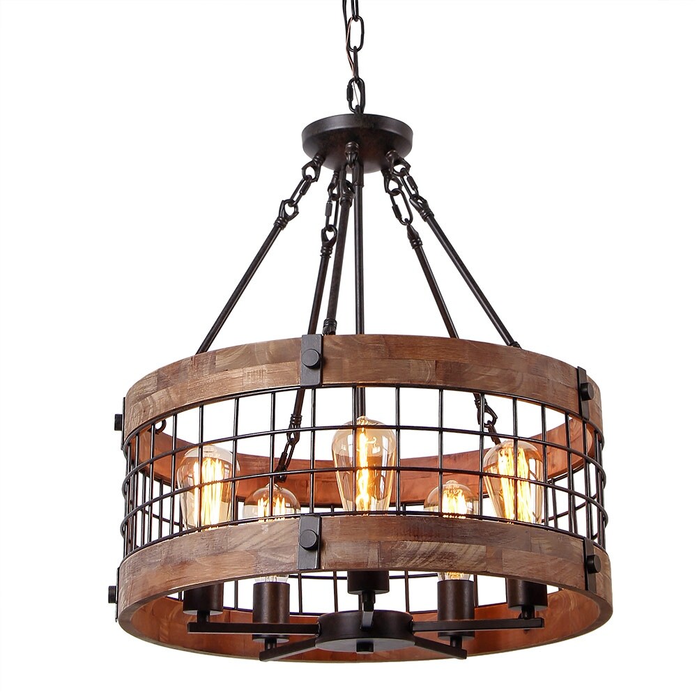 Anmytek Modern Farmhouse 5-Light Wooden Drum Chandeliers Round Metal Pendant Lights for Dining Room