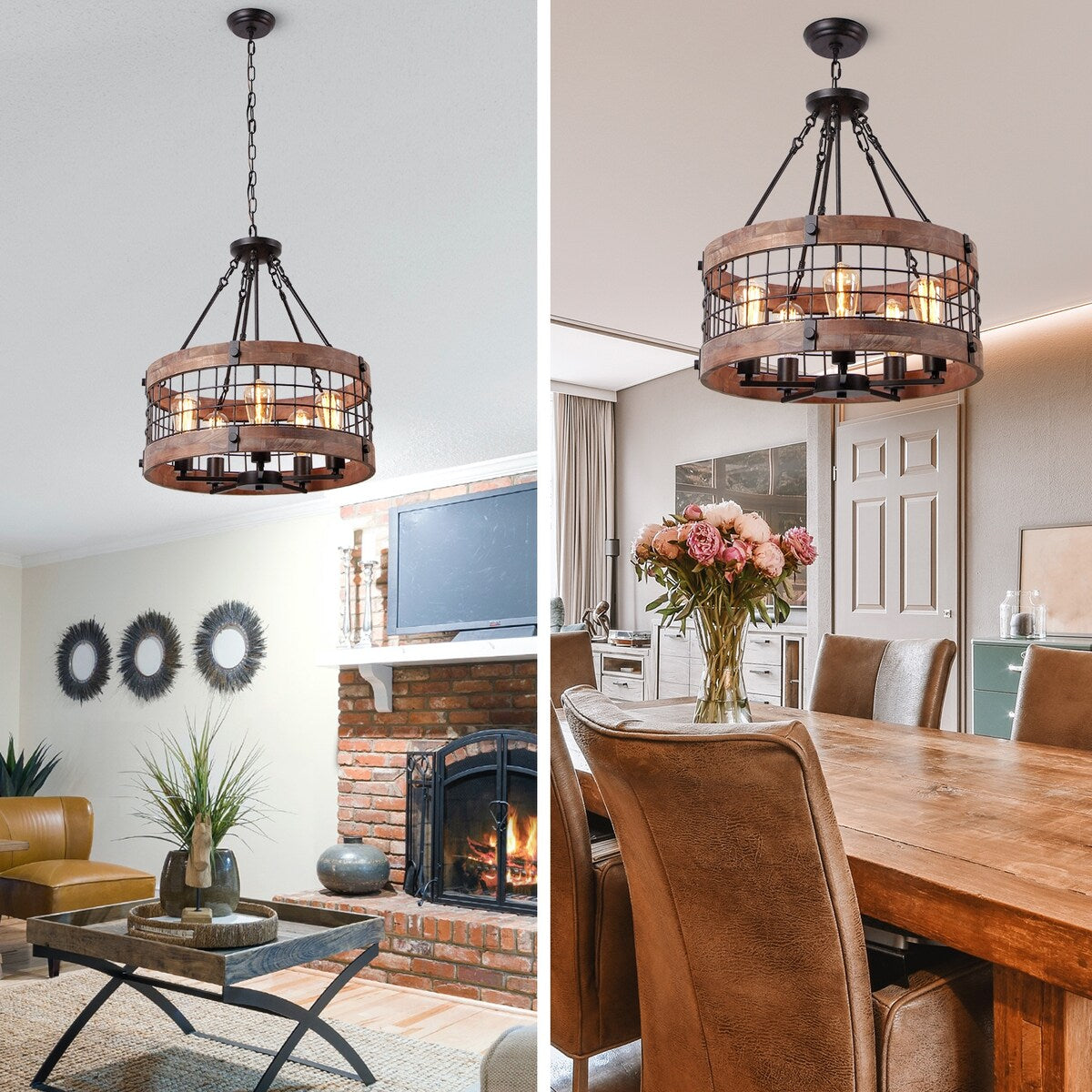 Anmytek Modern Farmhouse 5-Light Wooden Drum Chandeliers Round Metal Pendant Lights for Dining Room