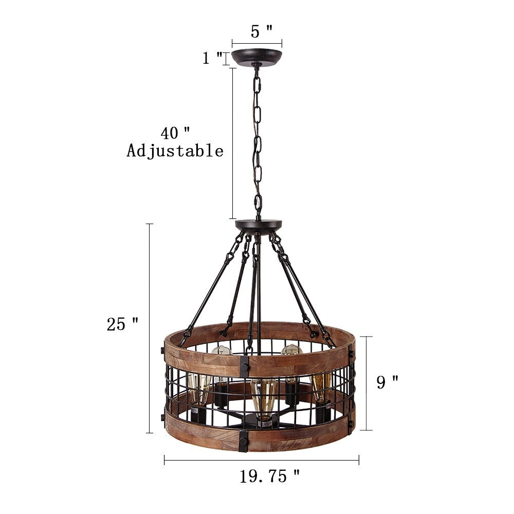 Anmytek Modern Farmhouse 5-Light Wooden Drum Chandeliers Round Metal Pendant Lights for Dining Room