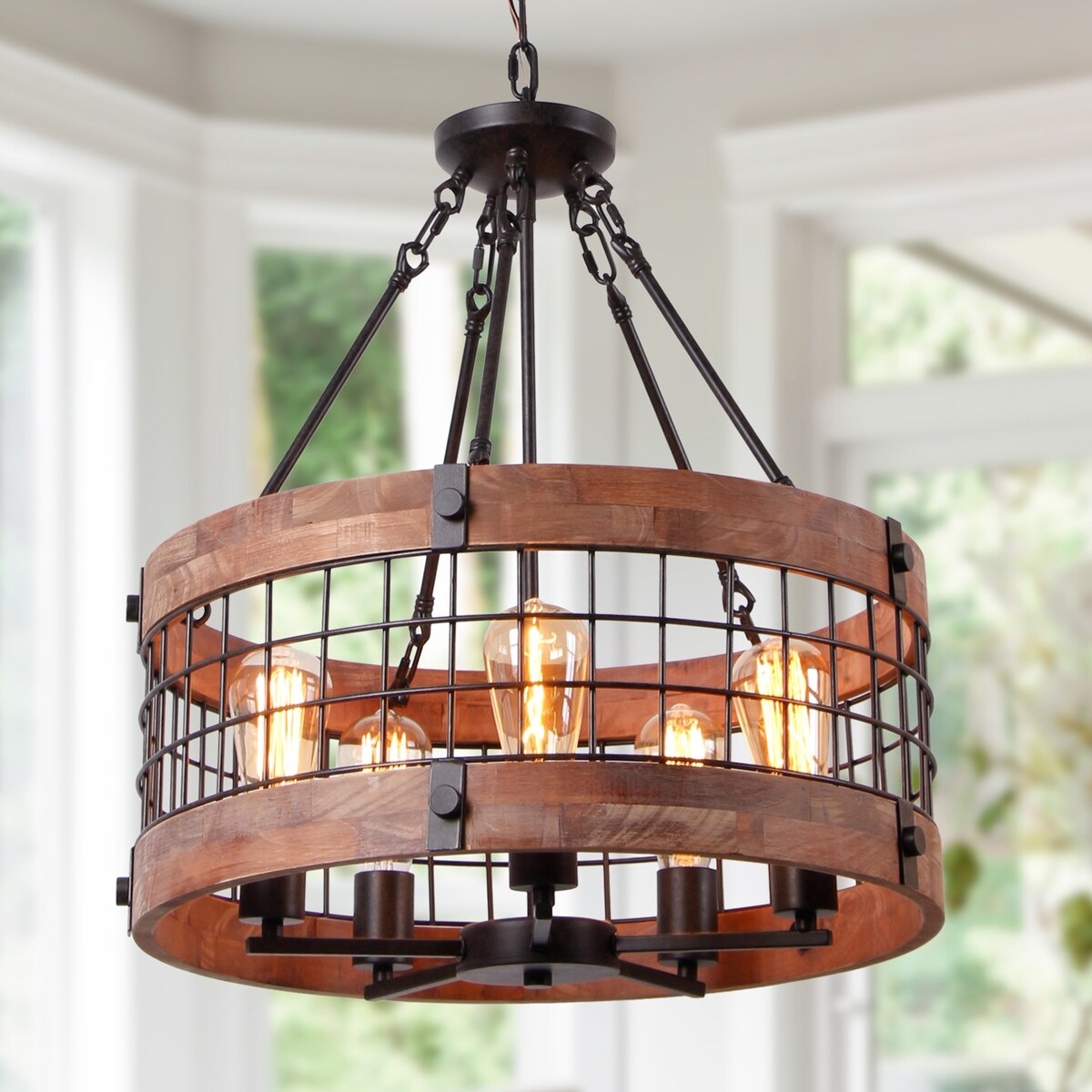 Anmytek Modern Farmhouse 5-Light Wooden Drum Chandeliers Round Metal Pendant Lights for Dining Room