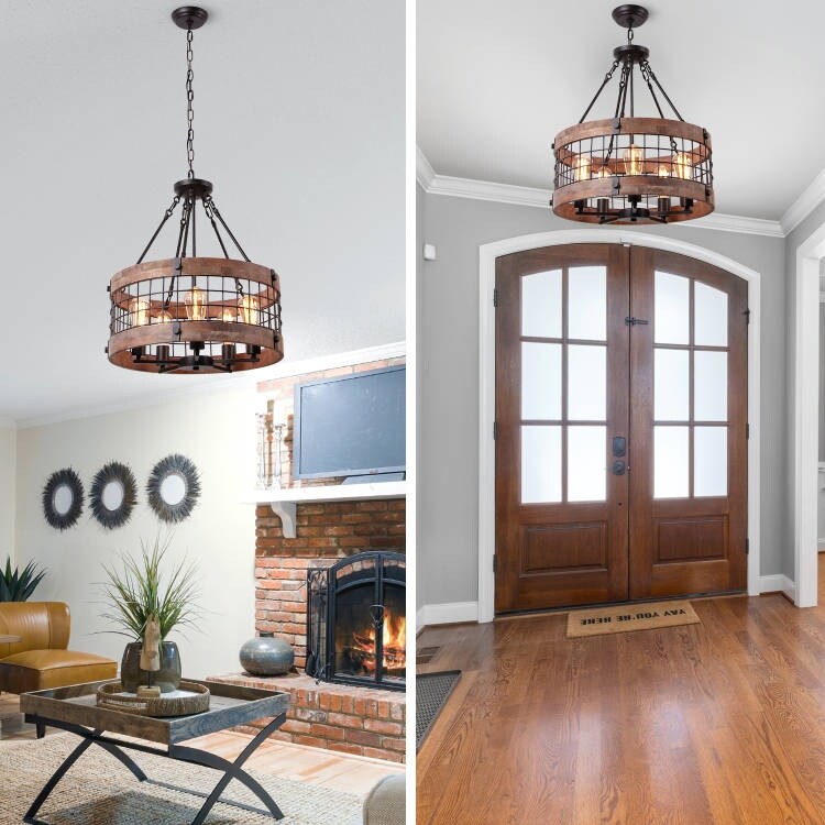 Anmytek Modern Farmhouse 5-Light Wooden Drum Chandeliers Round Metal Pendant Lights for Dining Room
