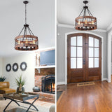 Anmytek Modern Farmhouse 5-Light Wooden Drum Chandeliers Round Metal Pendant Lights for Dining Room