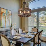 Anmytek Modern Farmhouse 5-Light Wooden Drum Chandeliers Round Metal Pendant Lights for Dining Room